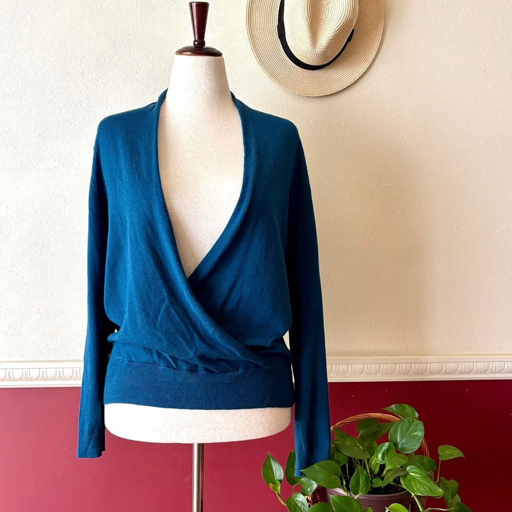 J.Jill Surplice Wrap Sweater M Wool-Silk Blend Teal Blue Jewel Tone Quiet Luxury